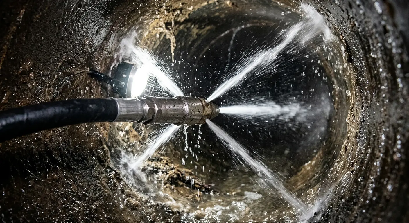 High-pressure hydro jetting nozzle cleaning sewer pipe for Sewer Cleanout in Three Rivers