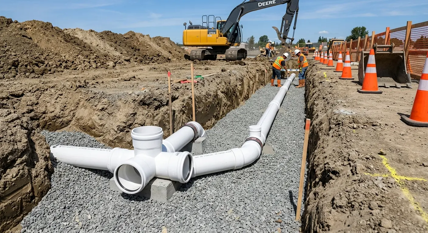 New PVC sewer pipe installation in open trench for Commercial Drain Cleaning in Three Rivers