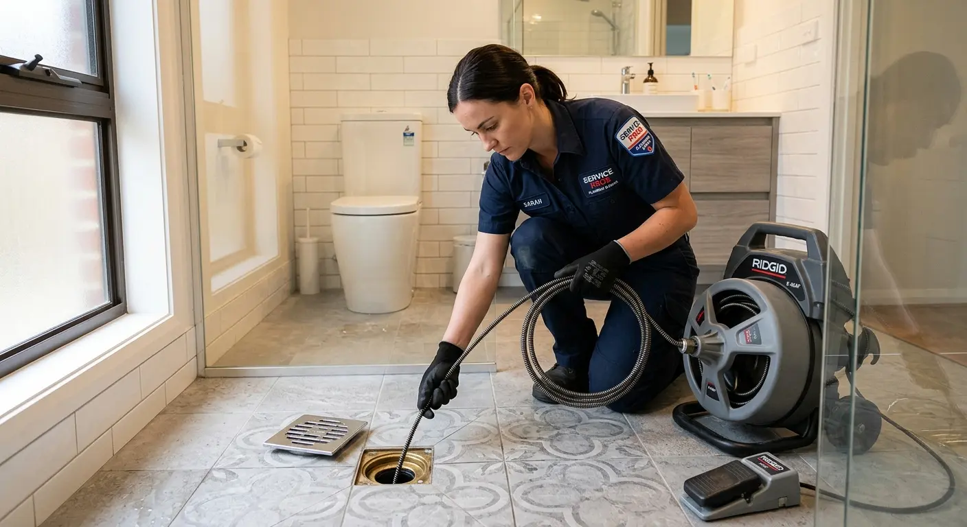 Technician clearing a bathroom floor drain for Drain Cleaning in Three Rivers